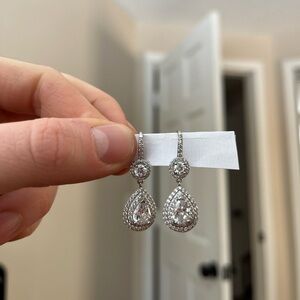 925 Sterling Silver Faux Diamond Crystal Tear Drop Dangle Wedding Earrings